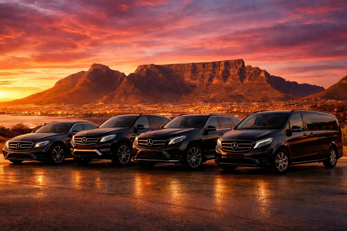 Luxury Shuttle Services fleet with Table Mountain at sunset in background